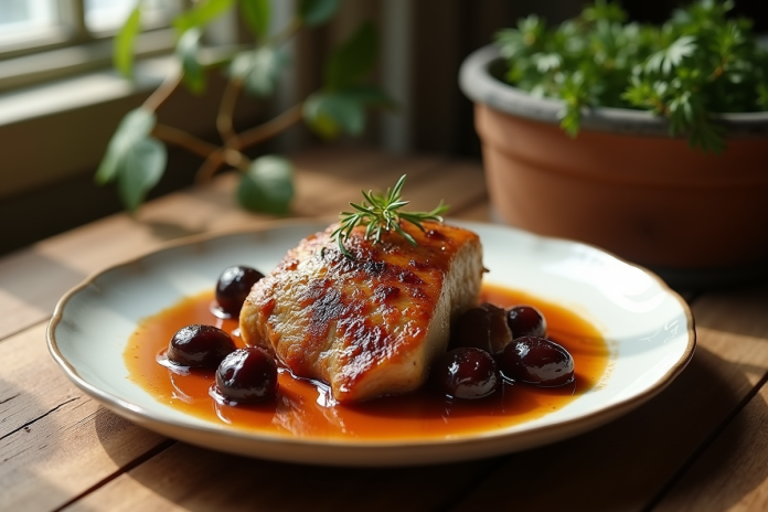 Plat de lapin aux prunes présenté sur une table en bois rustique