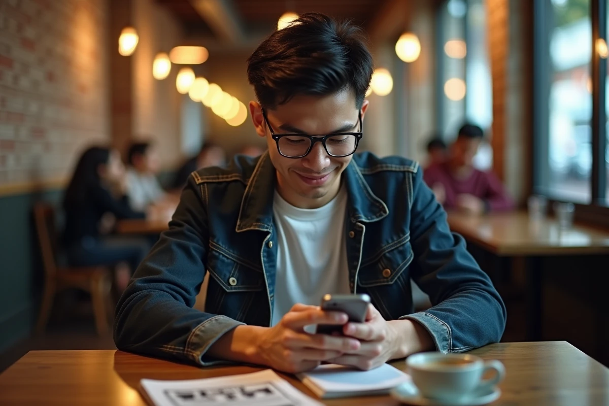 Homme lisant un webtoon sur smartphone dans un café avec un manga ouvert sur la table