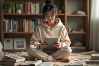 Jeune femme lisant un manga sur tablette dans sa chambre entourée de volumes illustrés