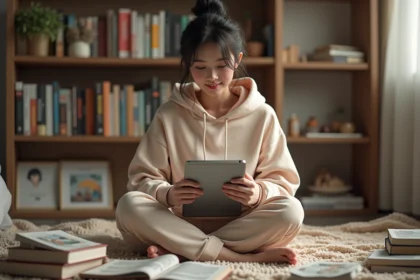 Jeune femme lisant un manga sur tablette dans sa chambre entourée de volumes illustrés