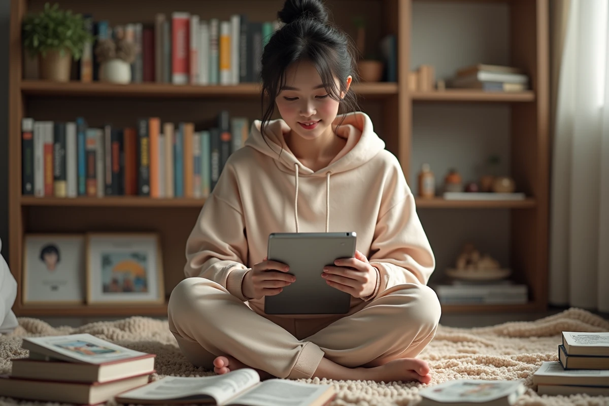 Jeune femme lisant un manga sur tablette dans sa chambre entourée de volumes illustrés
