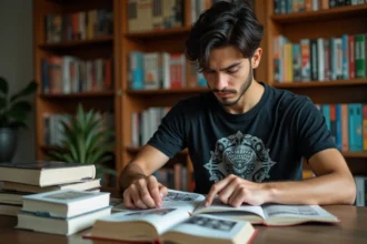 Jeune homme lisant un manga de fantasy isekai sur un bureau en bois entouré de volumes de bandes dessinées japonaises