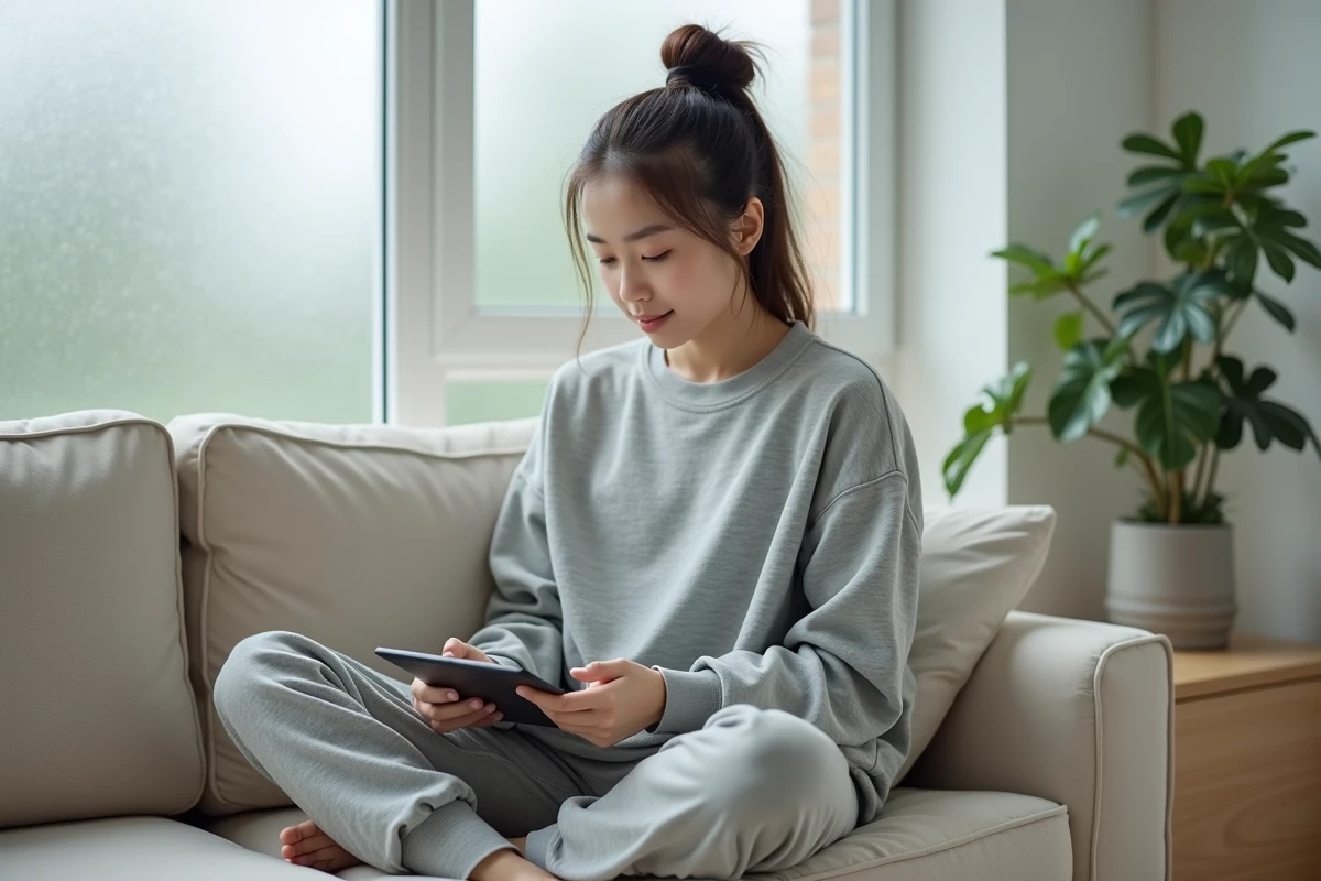 Jeune femme lisant des scans manga en toute sécurité sur une tablette dans un salon moderne