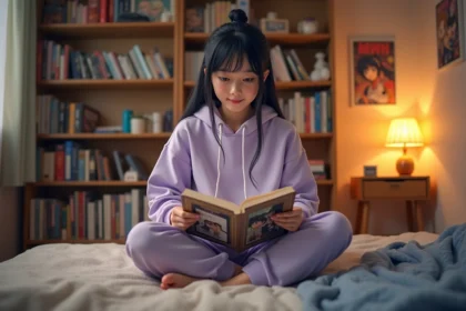 Jeune femme lisant un manhwa BL en version française dans sa chambre entourée de mangas sur des étagères en bois