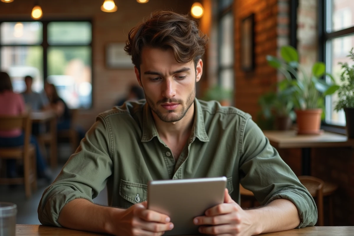 Jeune homme lisant un scan yaoi en français sur une tablette dans un café avec une ambiance chaleureuse et détendue