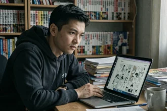 Jeune homme lisant des scans de manga en VF sur son ordinateur portable dans un bureau encombré