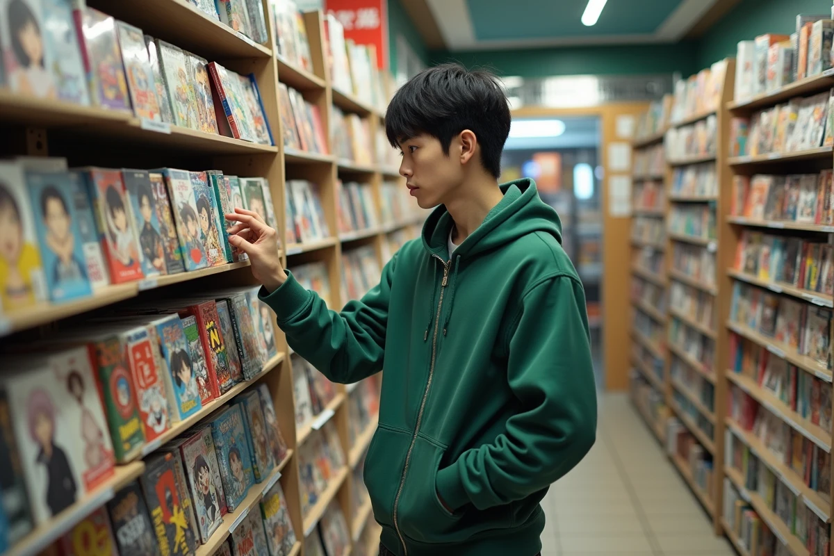 Jeune homme en librairie spécialisée manga examinant des volumes de fantasy isekai sur un grand présentoir