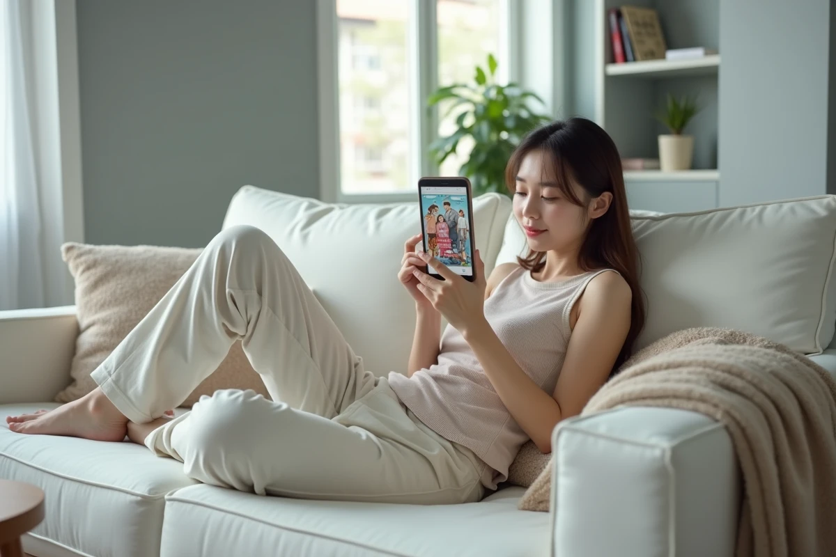 Jeune femme allongée sur un canapé lisant un manhwa BL français sur smartphone dans un appartement moderne et lumineux
