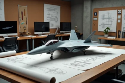 Maquette de chasseur supersonique Mirage 2026 sur table de conception aéronautique avec plans techniques et écrans CAO