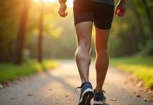 Personne marchant dans un parc ensoleille avec tracker fitness