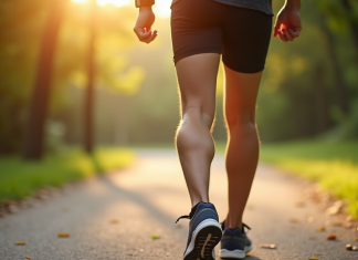 Personne marchant dans un parc ensoleille avec tracker fitness