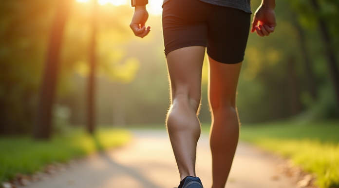 Personne marchant dans un parc ensoleille avec tracker fitness