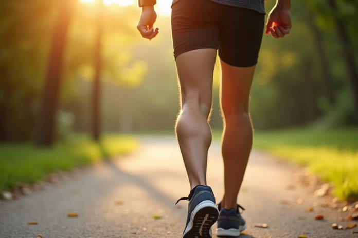 Personne marchant dans un parc ensoleille avec tracker fitness