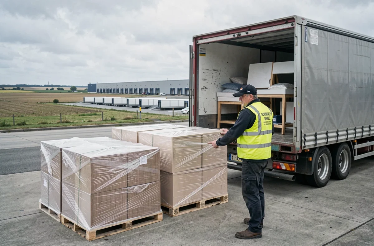 Responsable logistique MCTF Transport supervisant le chargement de palettes dans un entrepôt normand