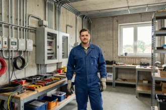 Électricien professionnel en Bourgogne-Franche-Comté devant un tableau électrique dans un atelier industriel moderne