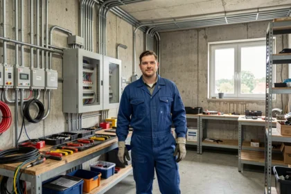 Électricien professionnel en Bourgogne-Franche-Comté devant un tableau électrique dans un atelier industriel moderne