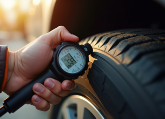 Mains d'un mécanicien mesurant la pression d'un pneu de voiture