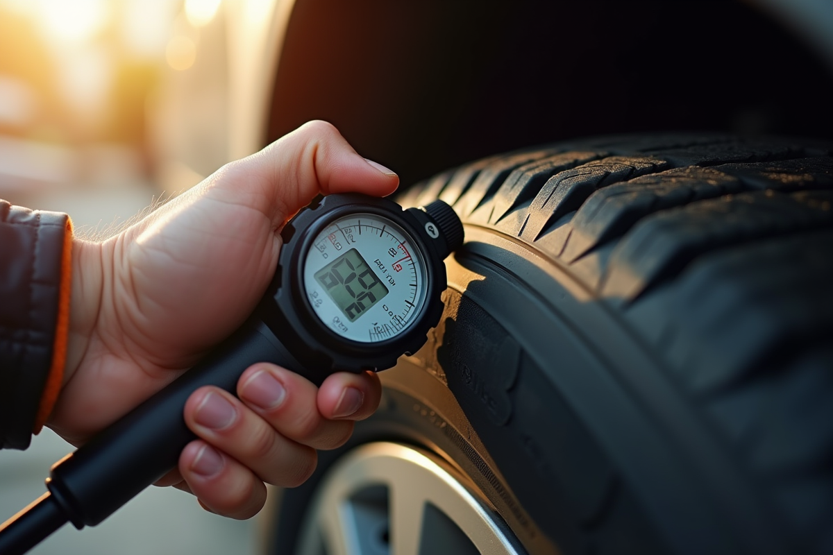 Mains d'un mécanicien mesurant la pression d'un pneu de voiture