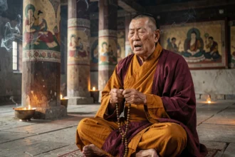 Moine bouddhiste tibétain en robes safran récitant le mantra Om Mani Padme Hum dans un monastère traditionnel