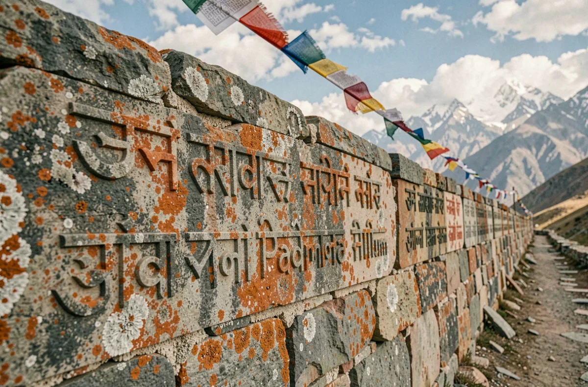 Mur de mani en pierre gravée avec l'inscription sanskrite Om Mani Padme Hum dans les montagnes himalayennes