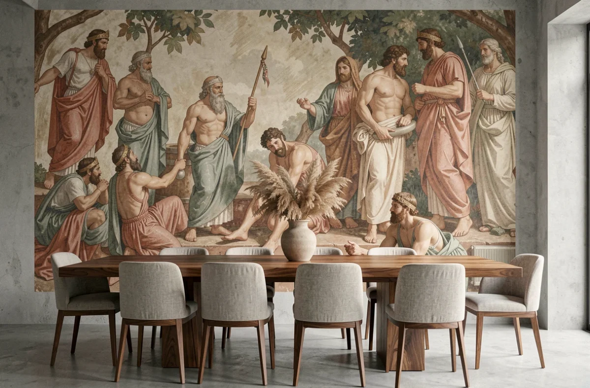 Murale grecque peinte sur un mur en béton brut dans une salle à manger moderne avec table en noyer