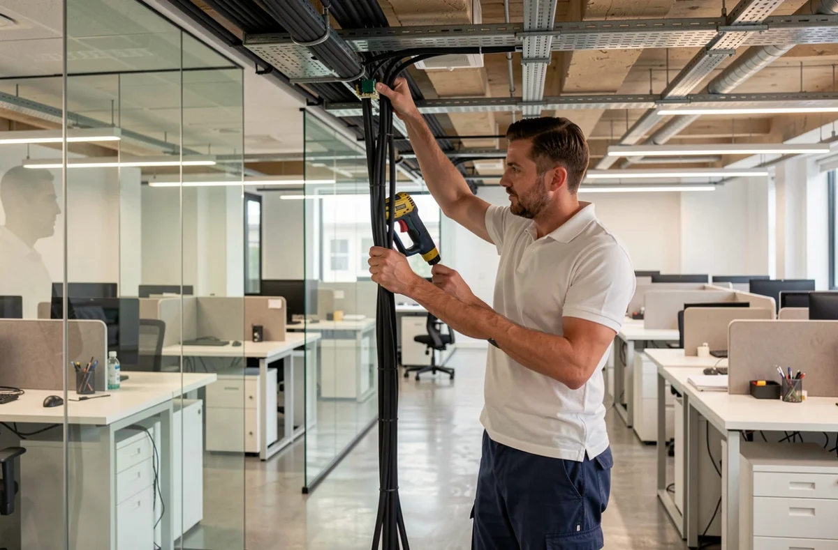 Électricien de Nord Est Electricité installant un câblage structuré dans un bureau moderne du secteur tertiaire
