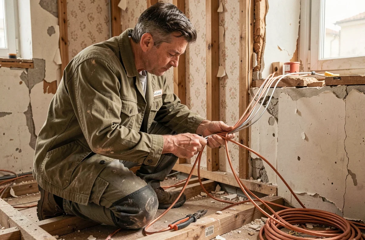 Électricien de NSEL Elec remplaçant un ancien câblage lors d'une rénovation électrique dans une maison ancienne