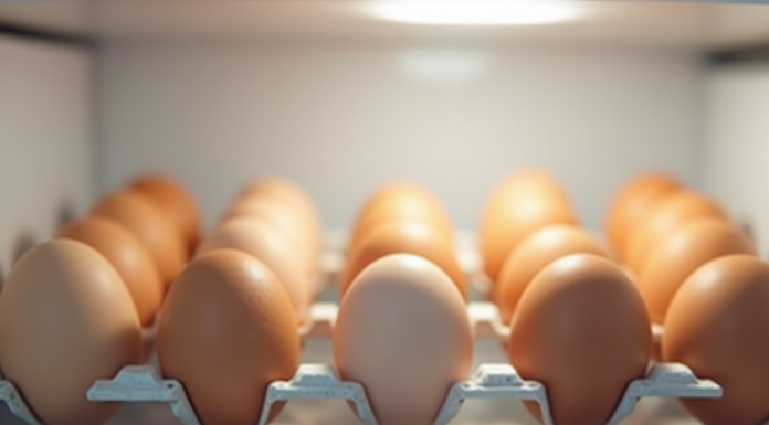 Douzaine d'oeufs propres dans un réfrigérateur lumineux