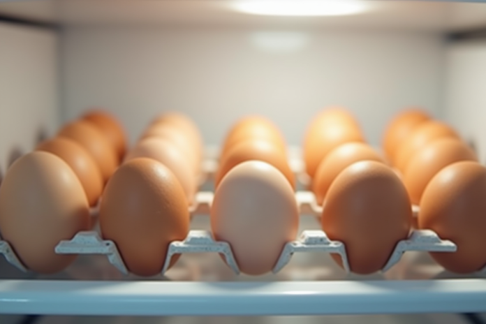 oeufs-frais-refrigerateur Douzaine d'oeufs propres dans un réfrigérateur lumineux