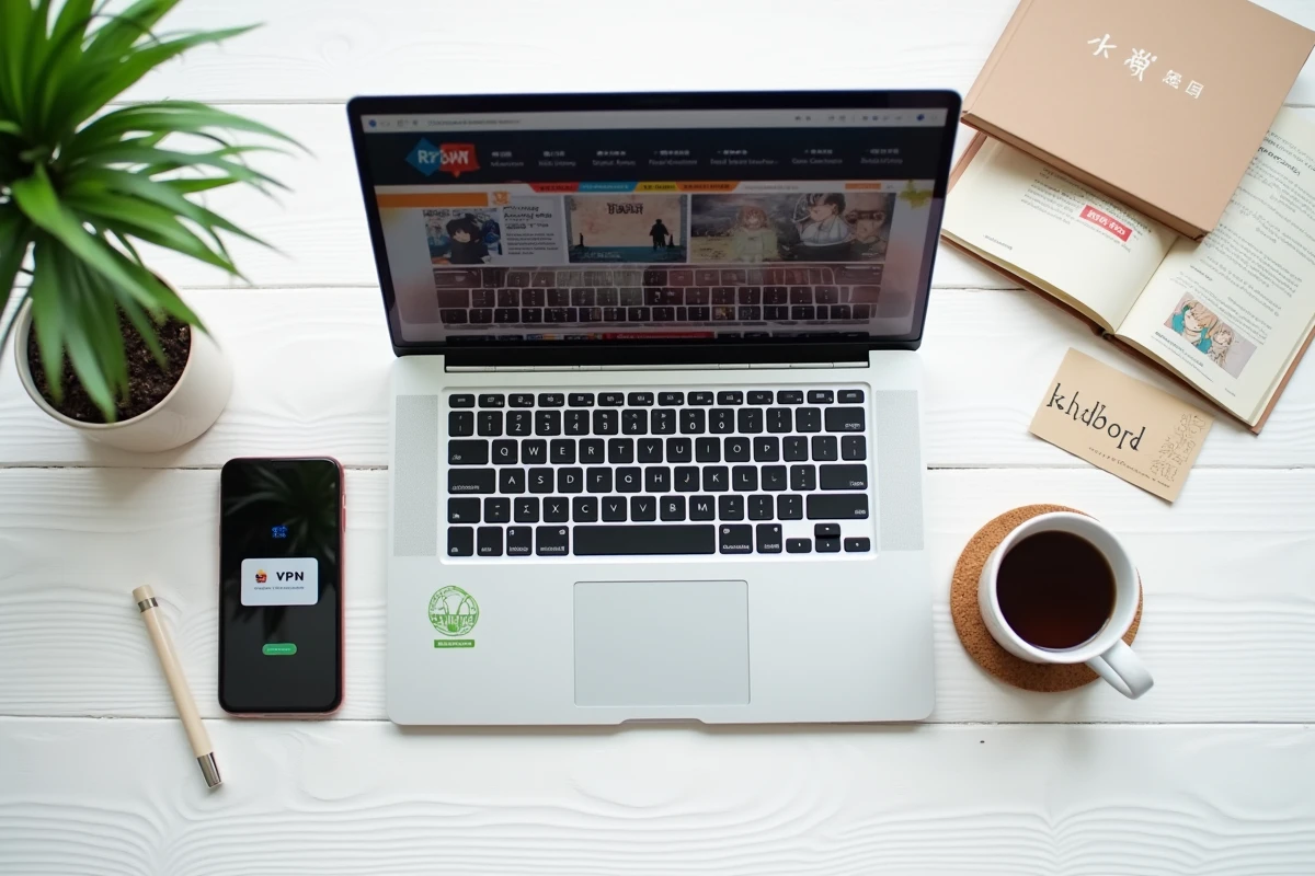 Ordinateur portable et smartphone affichant un VPN connecté pour accéder à Sushi Scans en sécurité