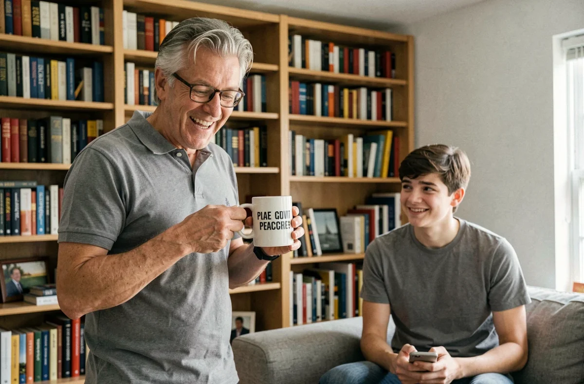 Père fier montrant une tasse avec un jeu de mots nul dans le salon familial