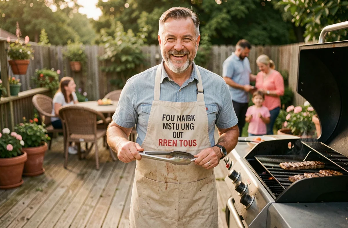 Papa au barbecue portant un tablier humoristique avec un jeu de mots sur une terrasse en bois