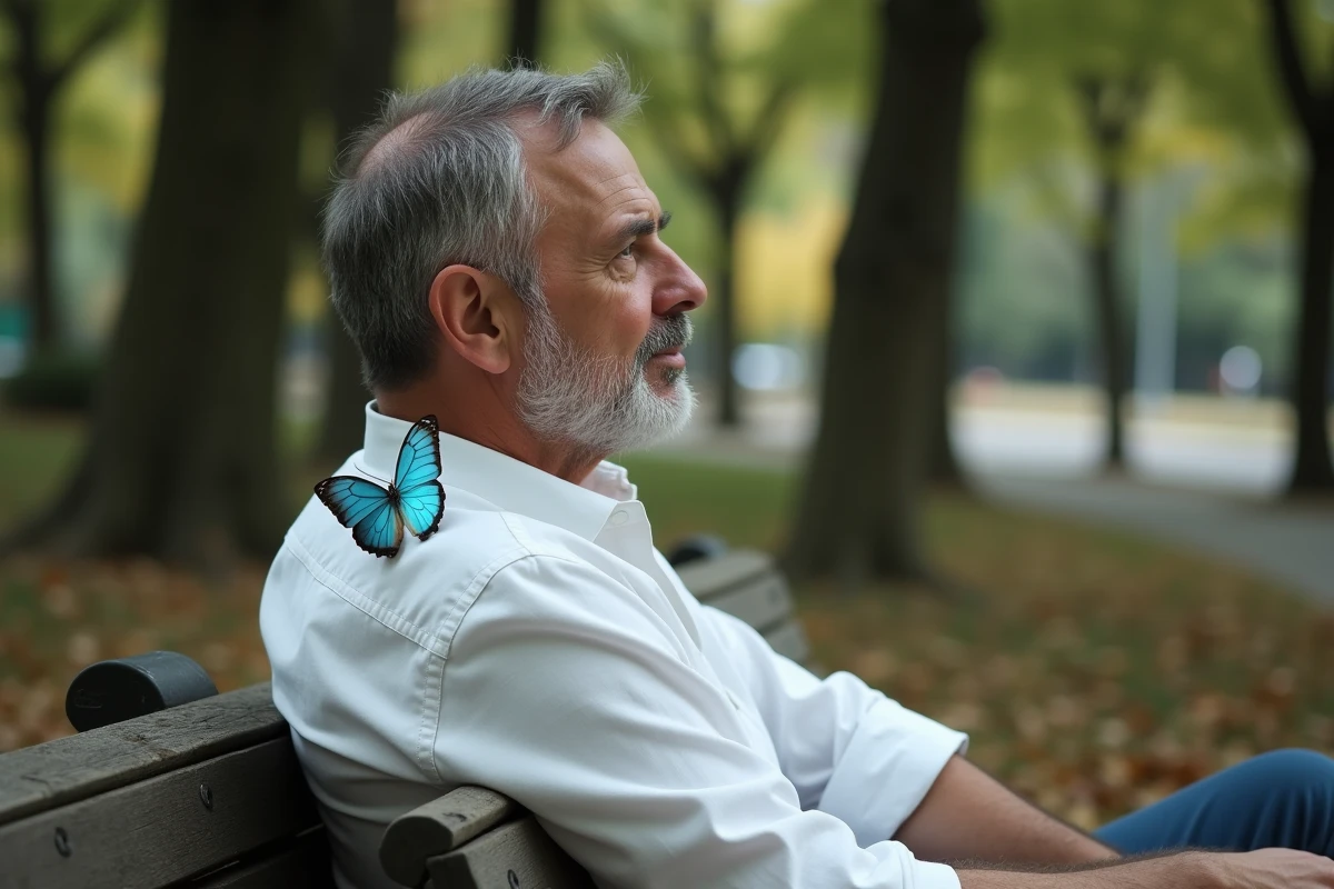 Papillon bleu posé sur l'épaule d'un homme assis sur un banc de parc en automne