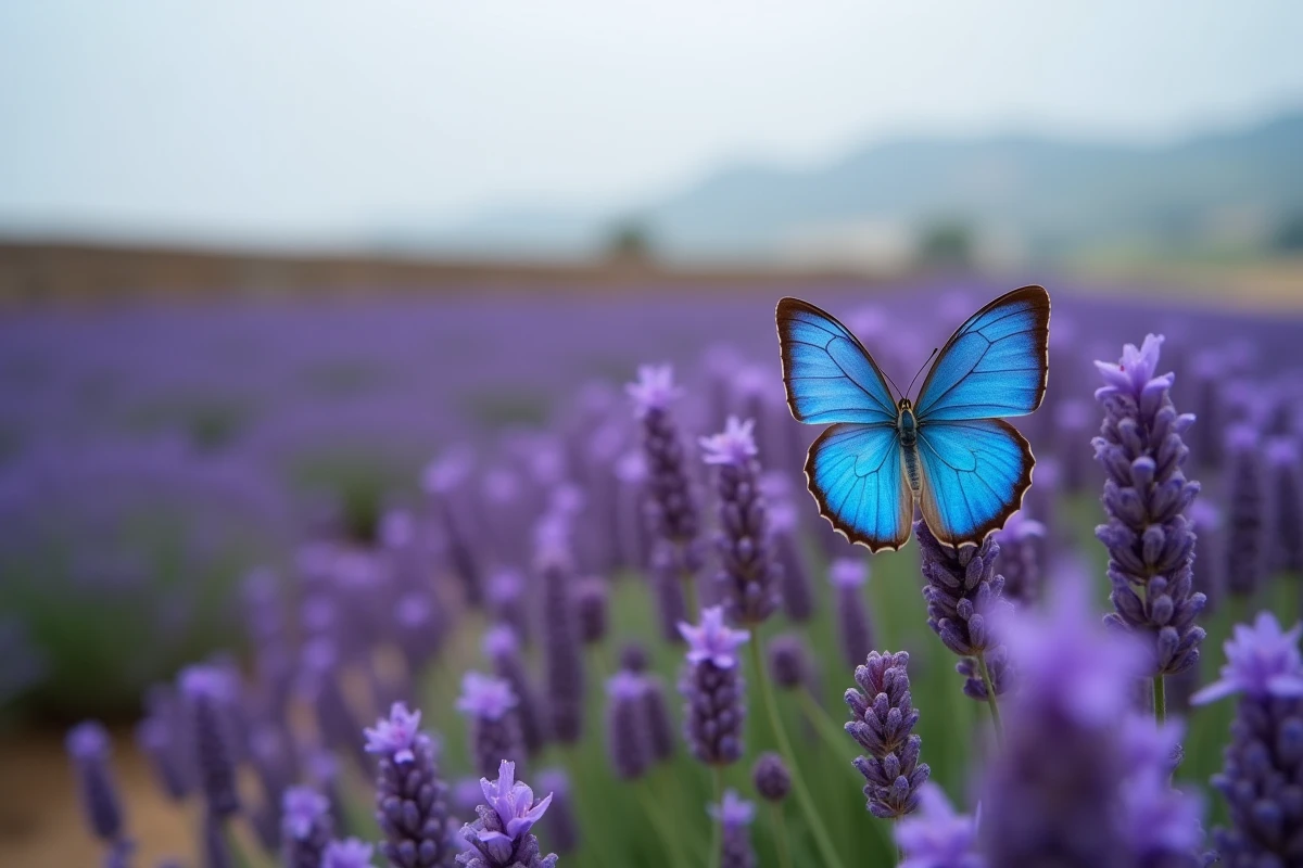 Papillon bleu sur des fleurs de lavande dans un champ de campagne, symbolisme et nature