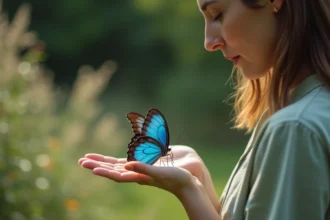 Papillon bleu morpho posé sur la main ouverte d'une femme dans un jardin fleuri en été