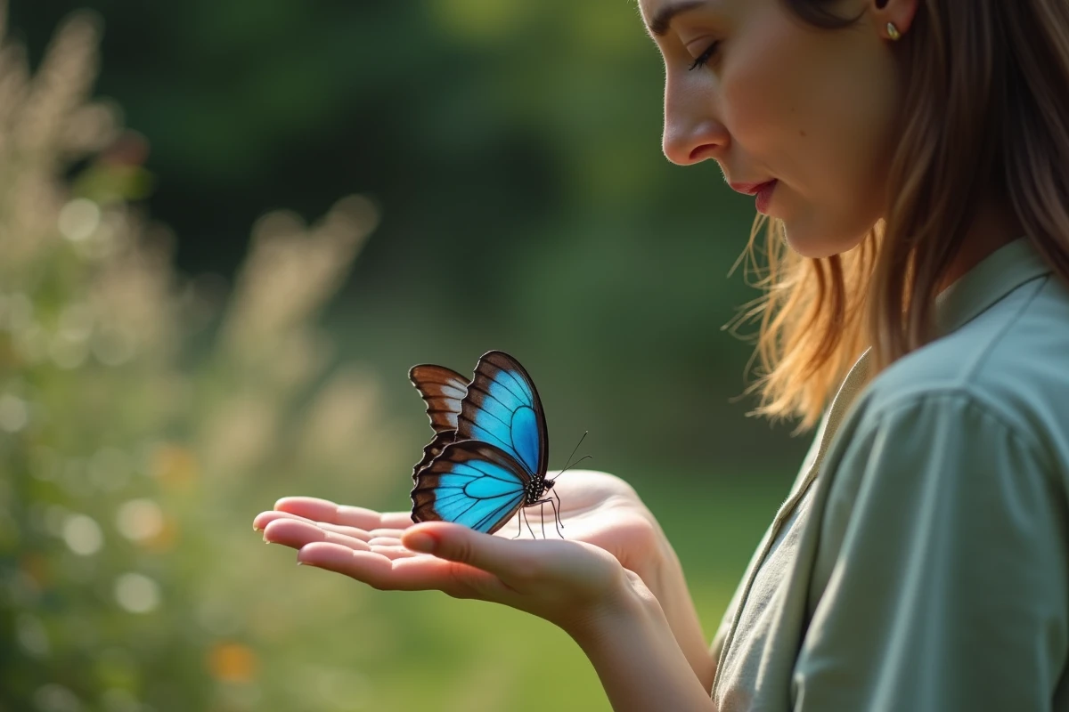 Papillon bleu morpho posé sur la main ouverte d'une femme dans un jardin fleuri en été