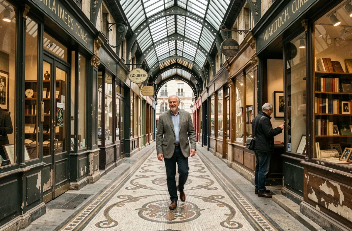 Passage couvert parisien historique près de la Bourse et de la rue Vivienne, galerie commerciale du 19e siècle