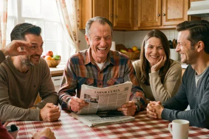 Père de famille hilare racontant un jeu de mots à table avec sa famille qui lève les yeux au ciel
