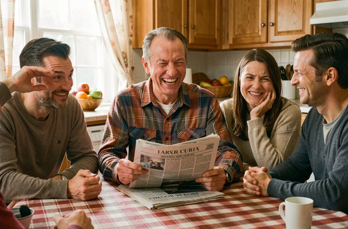 Père de famille hilare racontant un jeu de mots à table avec sa famille qui lève les yeux au ciel