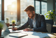 Professionnel au bureau moderne rédigeant une lettre