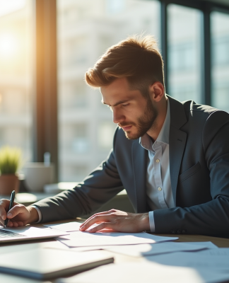 Professionnel au bureau moderne rédigeant une lettre