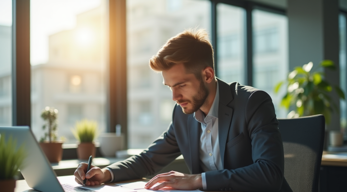 Professionnel au bureau moderne rédigeant une lettre