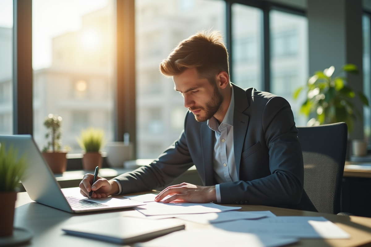 Professionnel au bureau moderne rédigeant une lettre