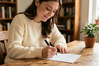 Jeune femme timide écrivant un petit mot d'amour à la main sur du papier dans un cadre cosy et intime