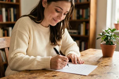 Jeune femme timide écrivant un petit mot d'amour à la main sur du papier dans un cadre cosy et intime