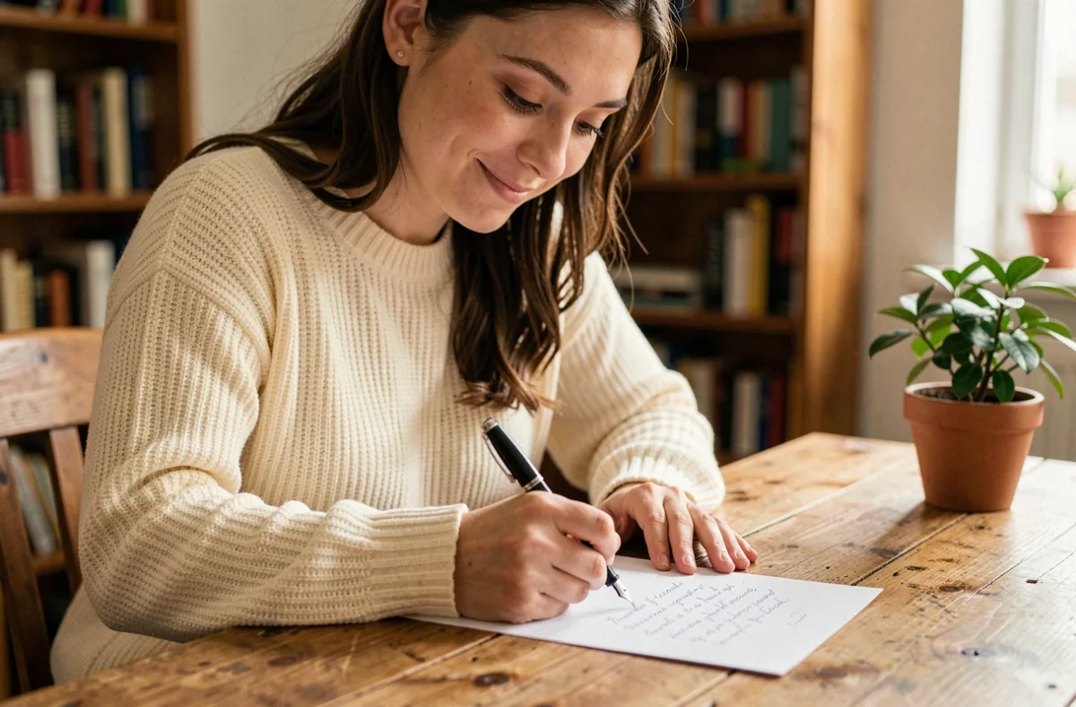 Jeune femme timide écrivant un petit mot d'amour à la main sur du papier dans un cadre cosy et intime