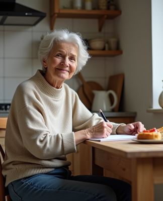 Femme souriante écrivant dans un carnet à la cuisine modeste