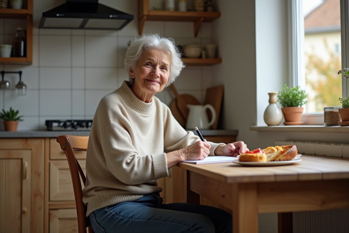 Femme souriante écrivant dans un carnet à la cuisine modeste