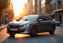 Peugeot 508 SW en ville au lever du soleil