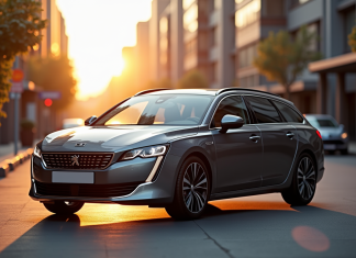 Peugeot 508 SW en ville au lever du soleil